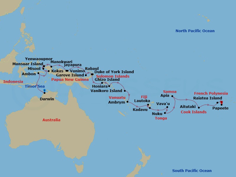Route map: Darwin, Australia → Ambon, Indonesia → Kokas, Indonesia → Misool, Yapap Lagoon, Indonesia → Yenwaupnor, Gam Island, Indonesia → Mansuar Island, Indonesia → Manokwari, Indonesia → Exploring Cenderawasih Bay (Day 1), Indonesia → Exploring Cenderawasih Bay (Day 2), Indonesia → Jayapura, Papua Indonesia, Indonesia