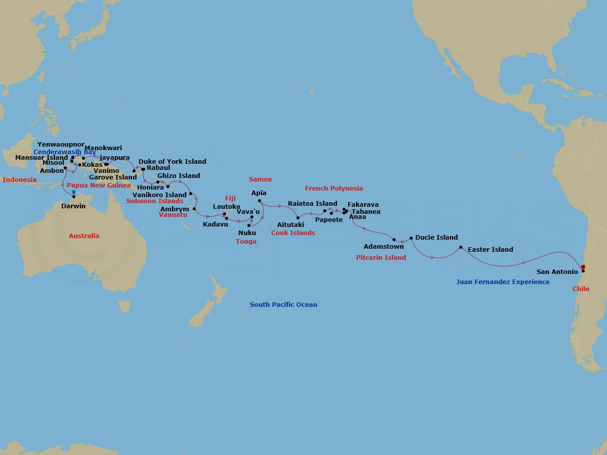 Route map: Darwin, Australia → Ambon, Indonesia → Kokas, Indonesia → Misool, Yapap Lagoon, Indonesia → Yenwaupnor, Gam Island, Indonesia → Mansuar Island, Indonesia → Manokwari, Indonesia → Exploring Cenderawasih Bay (Day 1), Indonesia → Exploring Cenderawasih Bay (Day 2), Indonesia → Jayapura, Papua Indonesia, Indonesia