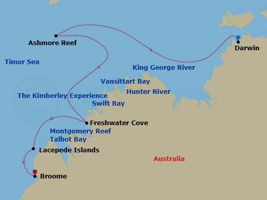 Route map: Darwin, Australia → King George River, Western Australia, Australia → Vansittart Bay, Western Australia, Australia → Ashmore Reef, Australia → Hunter River, Western Australia, Australia → Swift Bay, Australia → Freshwater Cove, Western Australia, Australia → Montgomery Reef, Western Australia, Australia → Talbot Bay, Western Australia, Australia → Lacepede Island, Western Australia, Australia