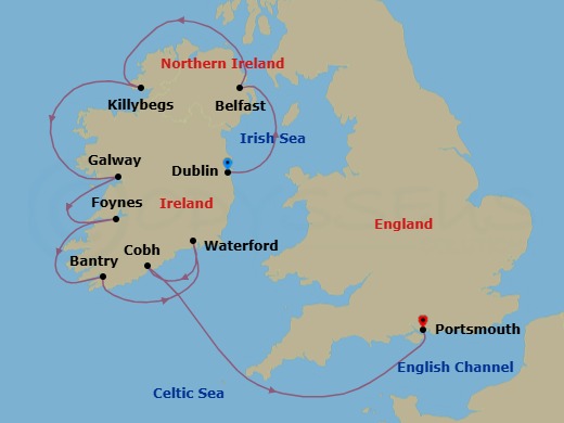 Route map: Dublin → Belfast, Northern Ireland → Donegal (Killybegs) → Galway → Foynes → Bantry Harbour → Waterford → Cork (Cobh) → Portsmouth, England