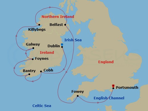 Route map: Dublin → Cork (Cobh) → Bantry Harbour → Foynes → Galway → Donegal (Killybegs) → Belfast, Northern Ireland → Fowey → Portsmouth, England