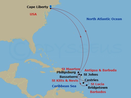 Route map: Cape Liberty, Nj (Ny Metro) → Basseterre, St Kitts & Nevis → St. Johns, Antigua → Bridgetown, Barbados → Castries, St. Lucia → Philipsburg, St. Maarten → Cape Liberty, Nj (Ny Metro)