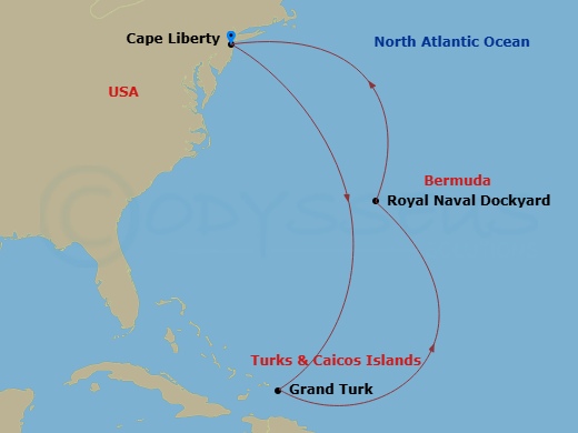 Route map: Cape Liberty, Nj (Ny Metro) → Grand Turk, Turks & Caicos → Royal Naval Dockyard,Bermuda → Cape Liberty, Nj (Ny Metro)