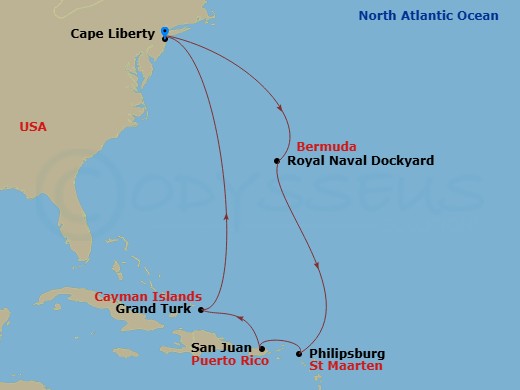 Route map: Cape Liberty, Nj (Ny Metro) → Royal Naval Dockyard,Bermuda → Philipsburg, St. Maarten → San Juan, Puerto Rico → Grand Turk, Turks & Caicos → Cape Liberty, Nj (Ny Metro)