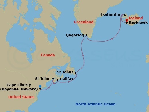 Route map: Bayonne, Newark (Cape Liberty) → St John → Halifax → St Johns → St Anthony, Newfoundland, Canada → Isafjordur → Reykjavik