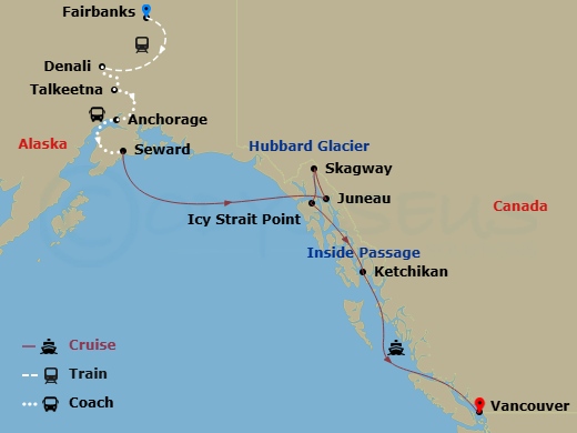 Route map: Fairbanks, Alaska → Denali, Alaska → Talkeetna, Alaska → Anchorage, Alaska → Seward, Alaska → Juneau, Alaska → Skagway, Alaska → Icy Strait Point, Alaska → Ketchikan, Alaska → Vancouver, British Columbia