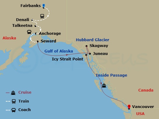 Route map: Fairbanks, Alaska → Denali, Alaska → Talkeetna, Alaska → Anchorage, Alaska → Seward, Alaska → Juneau, Alaska → Skagway, Alaska → Icy Strait Point, Alaska → Vancouver, British Columbia