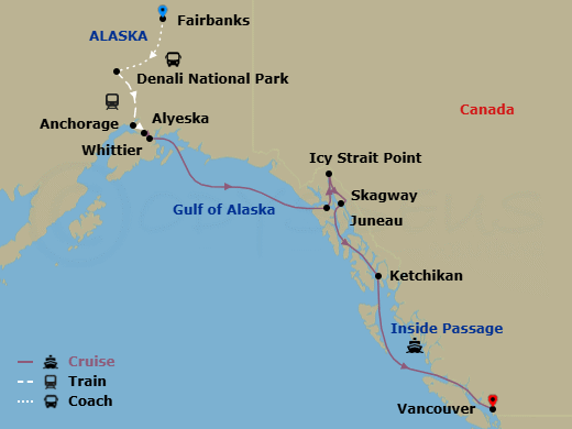 Route map: Fairbanks → Denali National Park → Anchorage, Alaska, US → Alyeska → Whittier, Alaska, US → Icy Strait Point, Alaska, US → Skagway, Alaska, US → Juneau, Alaska, US → Ketchikan, Alaska, US → Vancouver, B.C., CA
