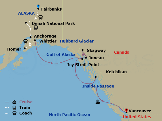 Route map: Fairbanks → Denali National Park → Anchorage, Alaska, US → Homer, Alaska, US → Whittier, Alaska, US → Icy Strait Point, Alaska, US → Skagway, Alaska, US → Juneau, Alaska, US → Ketchikan, Alaska, US → Vancouver, B.C., CA