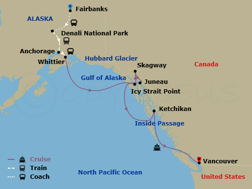 Route map: Fairbanks → Denali National Park → Anchorage, Alaska, US → Whittier, Alaska, US → Icy Strait Point, Alaska, US → Skagway, Alaska, US → Juneau, Alaska, US → Ketchikan, Alaska, US → Vancouver, B.C., CA