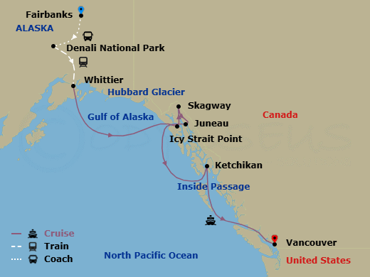 Route map: Fairbanks → Denali National Park → Whittier, Alaska, US → Icy Strait Point, Alaska, US → Skagway, Alaska, US → Juneau, Alaska, US → Ketchikan, Alaska, US → Vancouver, B.C., CA