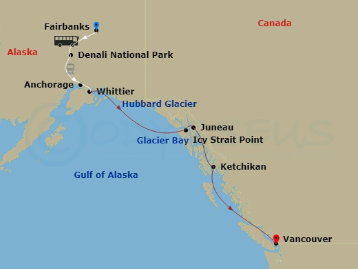 Route map: Fairbanks → Denali Princess Wilderness Lodge → Anchorage (Whittier), Alaska → Icy Strait Point, Alaska → Juneau, Alaska → Ketchikan, Alaska → Vancouver, Canada