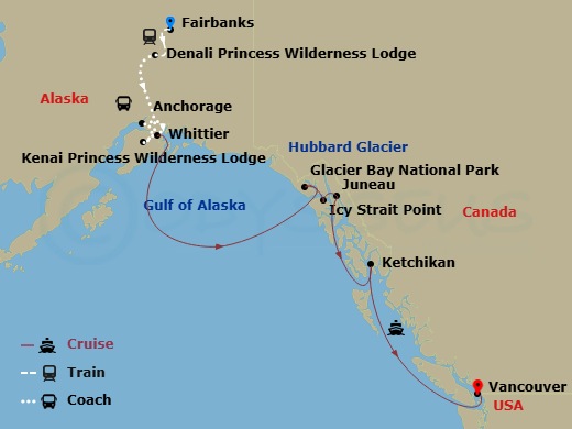 Route map: Fairbanks → Denali Princess Wilderness Lodge → Kenai Princess Wilderness Lodge → Anchorage (Whittier), Alaska → Icy Strait Point, Alaska → Juneau, Alaska → Ketchikan, Alaska → Vancouver, Canada