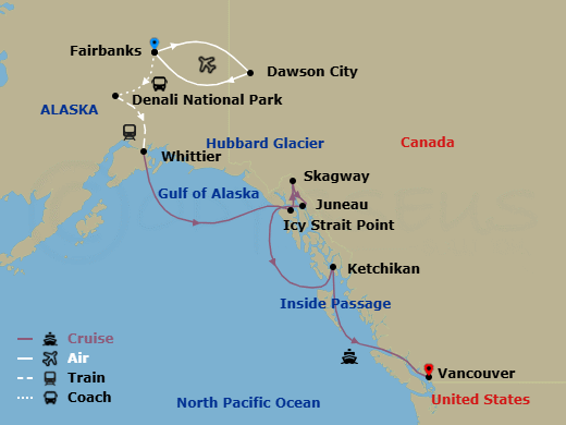Route map: Fairbanks → Dawson City → Denali National Park → Whittier, Alaska, US → Icy Strait Point, Alaska, US → Skagway, Alaska, US → Juneau, Alaska, US → Ketchikan, Alaska, US → Vancouver, B.C., CA