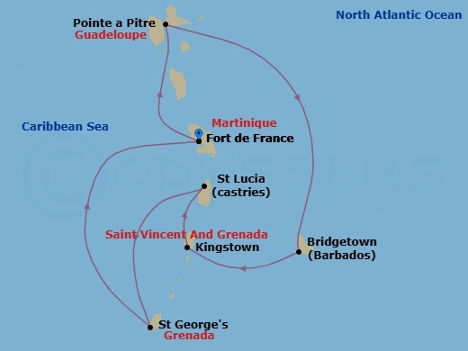 Route map: Fort de France Martinique → Pointe-a-Pitre Guadeloupe → Bridgetown Barbados → Kingstown St Vincent & The Grenadines → Castries Saint Lucia → Saint George Grenada → Fort de France Martinique