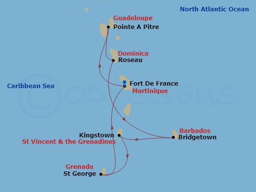 Route map: Fort de France Martinique → Pointe-a-Pitre Guadeloupe → Roseau Dominica → Bridgetown Barbados → Kingstown St Vincent & The Grenadines → Saint George Grenada → Fort de France Martinique