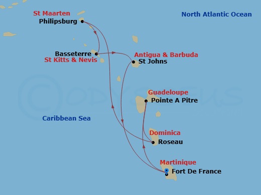 Route map: Fort de France Martinique → Pointe-a-Pitre Guadeloupe → Roseau Dominica → Philipsburg St. Maarten → Basseterre St Kitts & Nevis → St. John's Antigua and Barbuda → Fort de France Martinique