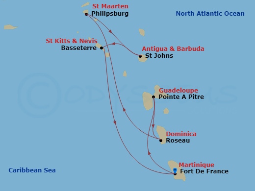 Route map: Fort de France → Pointe a Pitre → Roseau → St Maarten (Philipsburg) → St. Johns → Basseterre → Fort de France