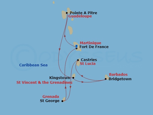 Route map: Fort de France Martinique → Pointe-a-Pitre Guadeloupe → Kingstown St Vincent & The Grenadines → Bridgetown Barbados → Castries Saint Lucia → Saint George Grenada → Fort de France Martinique