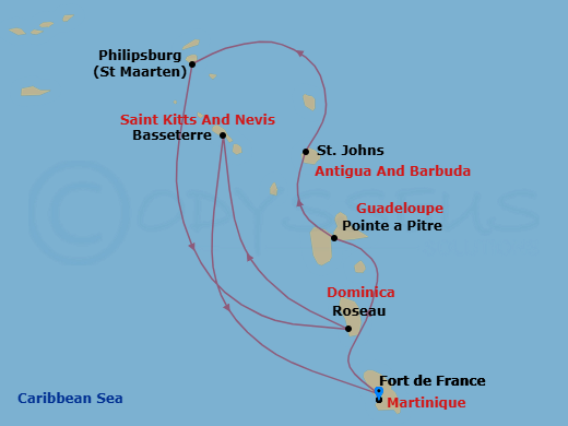 Route map: Fort de France Martinique → Pointe-a-Pitre Guadeloupe → St. John's Antigua and Barbuda → Philipsburg St. Maarten → Roseau Dominica → Basseterre St Kitts & Nevis → Fort de France Martinique
