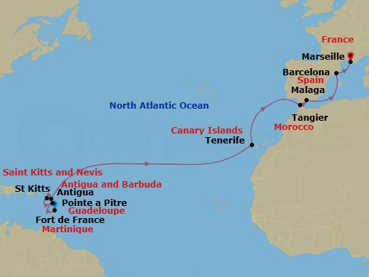 Route map: Fort de France → Pointe a Pitre → St Kitts → Antigua → Tenerife → Tangier (Tetouan) Morocco → Malaga → Barcelona → Marseille