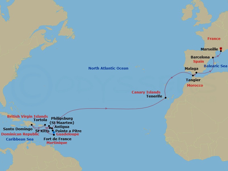 Route map: Fort de France → Pointe a Pitre → St Kitts → Tortola → Santo Domingo → St Maarten (Philipsburg) → Fort de France → Pointe a Pitre → St Kitts → Antigua