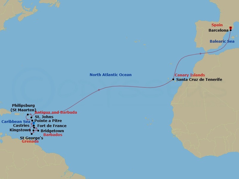 Route map: Fort de France Martinique → Pointe-a-Pitre Guadeloupe → Castries Saint Lucia → Bridgetown Barbados → Kingstown St Vincent & The Grenadines → Saint George Grenada → Fort de France Martinique → Pointe-a-Pitre Guadeloupe → Philipsburg St Maarten → St Johns Antigua and Barbuda