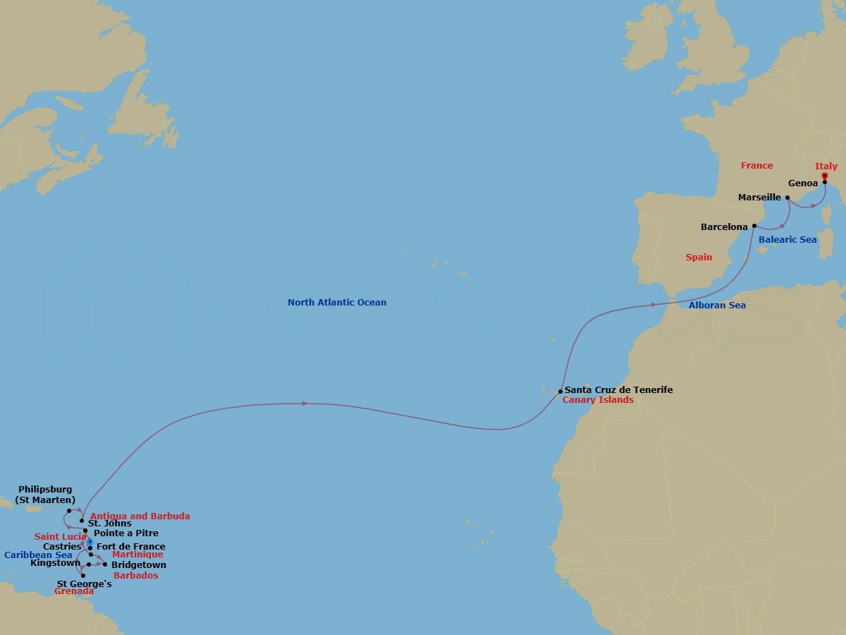 Route map: Fort de France → Pointe a Pitre → Castries → Bridgetown → Kingstown St Vincent & The Grenadines → St George's → Fort de France → Pointe a Pitre → St Maarten (Philipsburg) → St. Johns