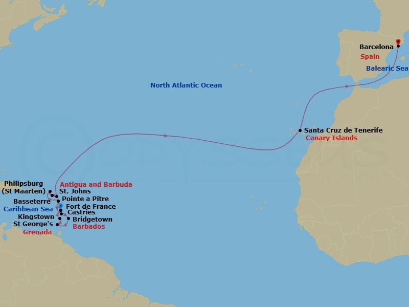 Route map: Fort de France → Pointe a Pitre → Castries → Bridgetown → St George's → Kingstown St Vincent & The Grenadines → Fort de France → Pointe a Pitre → St Maarten (Philipsburg) → Basseterre