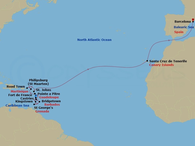 Route map: Fort de France Martinique → Pointe-a-Pitre Guadeloupe → Castries Saint Lucia → Bridgetown Barbados → Saint George Grenada → Kingstown St Vincent & The Grenadines → Fort de France Martinique → Pointe-a-Pitre Guadeloupe → Philipsburg St Maarten → Road Town (Tortola) British Virgin Islands