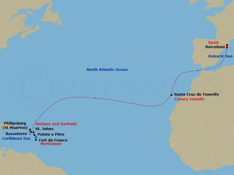 Route map: Fort de France → Pointe a Pitre → St Maarten (Philipsburg) → Basseterre → St. Johns → Santa Cruz de Tenerife → Barcelona