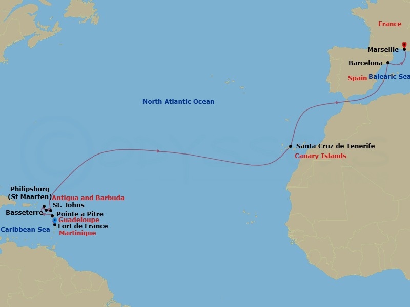 Route map: Fort de France → Pointe a Pitre → St Maarten (Philipsburg) → Basseterre → St. Johns → Santa Cruz de Tenerife → Barcelona → Marseille