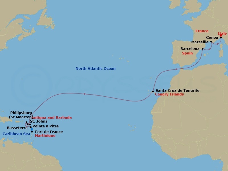 Route map: Fort de France → Pointe a Pitre → St Maarten (Philipsburg) → Basseterre → St. Johns → Santa Cruz de Tenerife → Barcelona → Marseille → Genoa