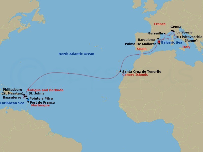 Route map: Fort de France Martinique → Pointe-a-Pitre Guadeloupe → Philipsburg St Maarten → Basseterre St Kitts & Nevis → St Johns Antigua and Barbuda → Santa Cruz de Tenerife (Canary Is) Spain → Barcelona Spain → Marseille (Provence) France → Genoa (Portofino) Italy → La Spezia (Cinque Terre) Italy