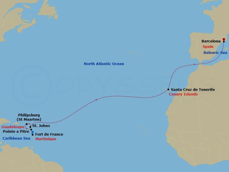 Route map: Fort de France → Pointe a Pitre → St Maarten (Philipsburg) → St. Johns → Santa Cruz de Tenerife → Barcelona