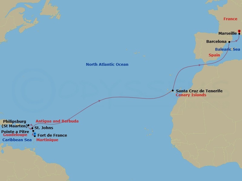 Route map: Fort de France → Pointe a Pitre → St Maarten (Philipsburg) → St. Johns → Santa Cruz de Tenerife → Barcelona → Marseille