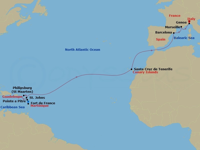 Route map: Fort de France → Pointe a Pitre → St Maarten (Philipsburg) → St. Johns → Santa Cruz de Tenerife → Barcelona → Marseille → Genoa