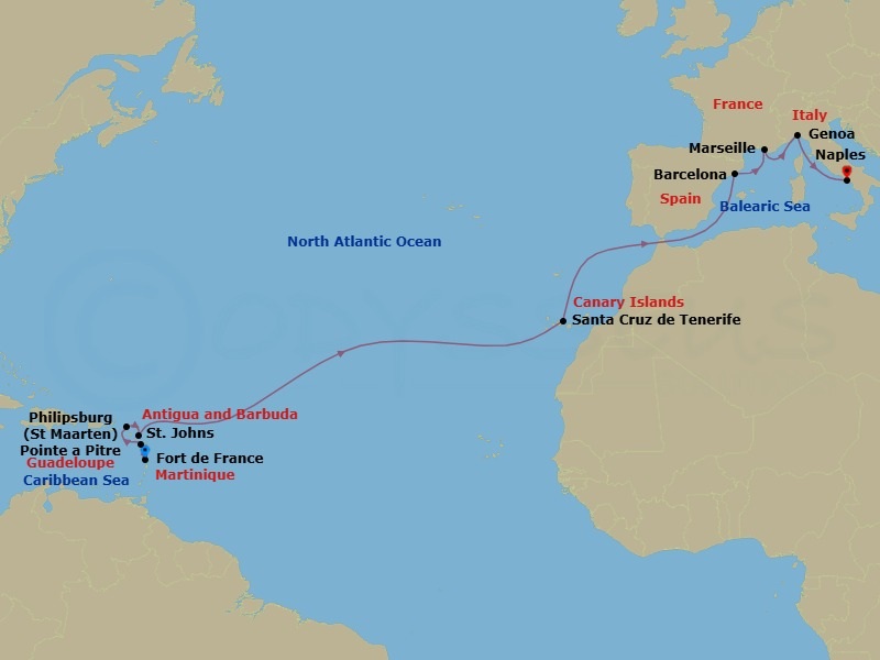 Route map: Fort de France → Pointe a Pitre → St Maarten (Philipsburg) → St. Johns → Santa Cruz de Tenerife → Barcelona → Marseille → Genoa → Naples