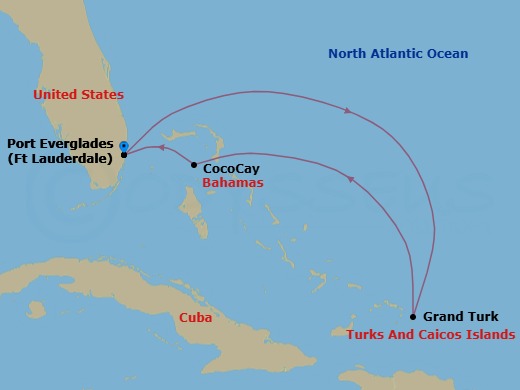 Route map: Fort Lauderdale, Florida → Grand Turk, Turks & Caicos → Perfect Day Cococay, Bahamas → Fort Lauderdale, Florida