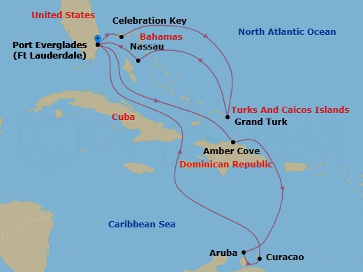 Route map: Ft. Lauderdale, Florida → Amber Cove, Dominican Republic → Aruba → Curacao → Ft. Lauderdale, Florida → Celebration Key, Bahamas → Grand Turk, Turks & Caicos → Nassau, Bahamas → Ft. Lauderdale, Florida