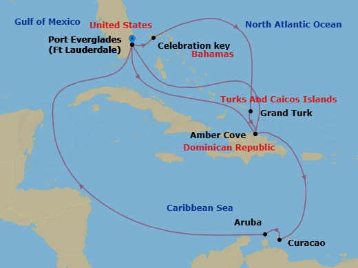 Route map: Ft. Lauderdale, Florida → Amber Cove, Dominican Republic → Curacao → Aruba → Ft. Lauderdale, Florida → Celebration Key, Bahamas → Grand Turk, Turks & Caicos → Amber Cove, Dominican Republic → Ft. Lauderdale, Florida