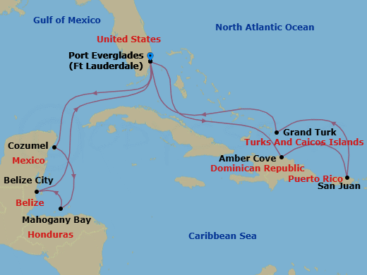Route map: Ft. Lauderdale, Florida → Amber Cove, Dominican Republic → San Juan, Puerto Rico → Grand Turk, Turks & Caicos → Ft. Lauderdale, Florida → Cozumel, Mexico → Roatan (Isla Tropicale), Honduras → Belize City, Belize → Ft. Lauderdale, Florida