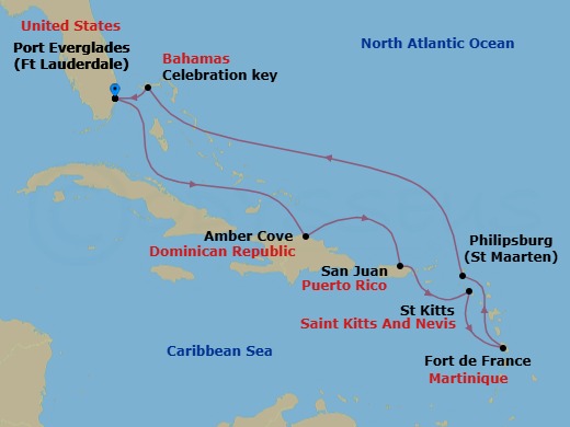Route map: Ft. Lauderdale, Florida → Amber Cove, Dominican Republic → San Juan, Puerto Rico → St. Kitts → Martinique → St. Maarten → Celebration Key, Bahamas → Ft. Lauderdale, Florida