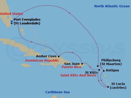 Route map: Ft. Lauderdale, Florida → Amber Cove, Dominican Republic → San Juan, Puerto Rico → St. Kitts → St. Lucia → Antigua → St. Maarten → Ft. Lauderdale, Florida