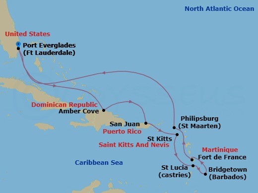 Route map: Ft. Lauderdale, Florida → Amber Cove, Dominican Republic → San Juan, Puerto Rico → St. Kitts → St. Lucia → Barbados → Martinique → St. Maarten → Ft. Lauderdale, Florida