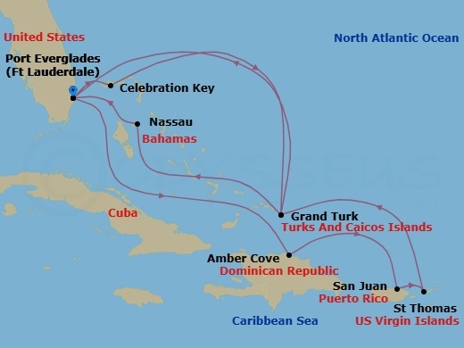 Route map: Ft. Lauderdale, Florida → Amber Cove, Dominican Republic → San Juan, Puerto Rico → St. Thomas, Virgin Islands → Grand Turk, Turks & Caicos → Ft. Lauderdale, Florida → Celebration Key, Bahamas → Grand Turk, Turks & Caicos → Nassau, Bahamas → Ft. Lauderdale, Florida