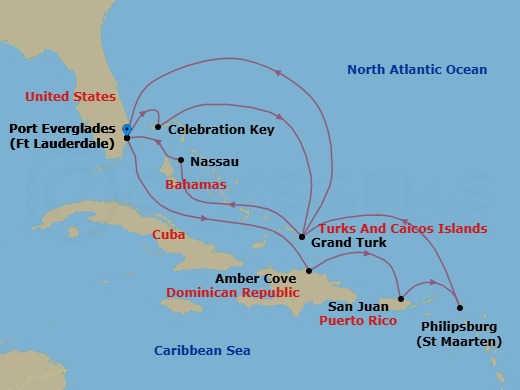Route map: Ft. Lauderdale, Florida → Amber Cove, Dominican Republic → San Juan, Puerto Rico → St. Maarten → Grand Turk, Turks & Caicos → Ft. Lauderdale, Florida → Celebration Key, Bahamas → Grand Turk, Turks & Caicos → Nassau, Bahamas → Ft. Lauderdale, Florida