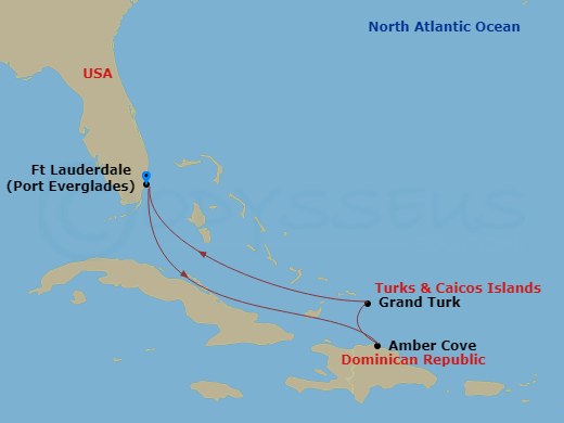 Route map: Ft. Lauderdale, Florida → Amber Cove, Dominican Republic → Grand Turk, Turks & Caicos → Ft. Lauderdale, Florida