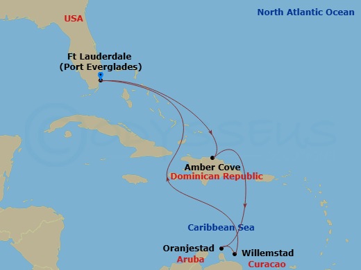 Route map: Ft. Lauderdale, Florida → Amber Cove, Dominican Republic → Aruba → Curacao → Ft. Lauderdale, Florida