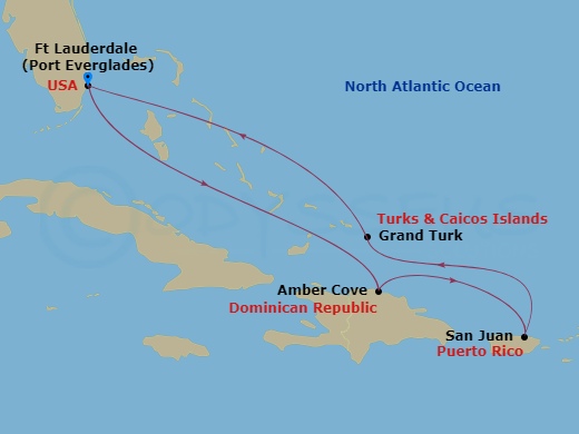 Route map: Ft. Lauderdale, Florida → Amber Cove, Dominican Republic → San Juan, Puerto Rico → Grand Turk, Turks & Caicos → Ft. Lauderdale, Florida